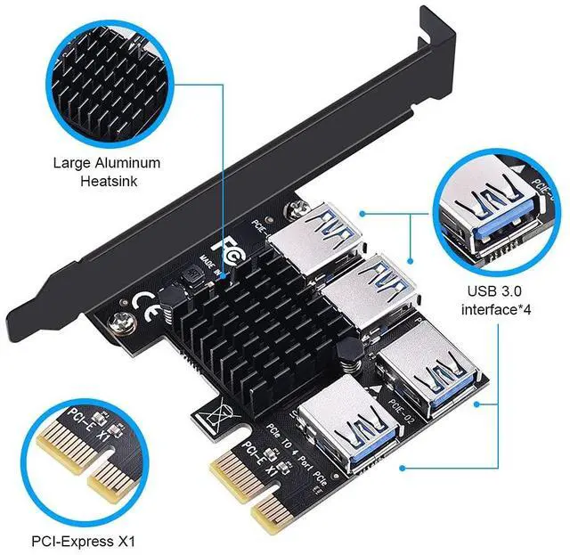 Alt view image 2 of 7 - BUCIER PCIE 1 to 4 Ports PCI Express 16X Slots Riser Card USB 3.0 PCI-E Adapter Board Multiplier Port GPU Extender Miner Riser Card for BTC Bitcoin Miner Mining