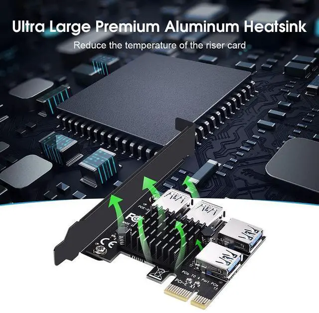 Alt view image 4 of 7 - BUCIER PCIE 1 to 4 Ports PCI Express 16X Slots Riser Card USB 3.0 PCI-E Adapter Board Multiplier Port GPU Extender Miner Riser Card for BTC Bitcoin Miner Mining