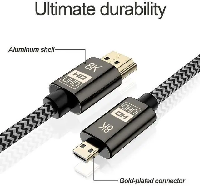 Alt view image 2 of 7 - Vszerda Micro HDMI to HDMI 2.1 Ultra-HD UHD 8K 60hz 4K 120hz Cable 48Gbs HDMI Cord for Camera Tablet (1.5m)