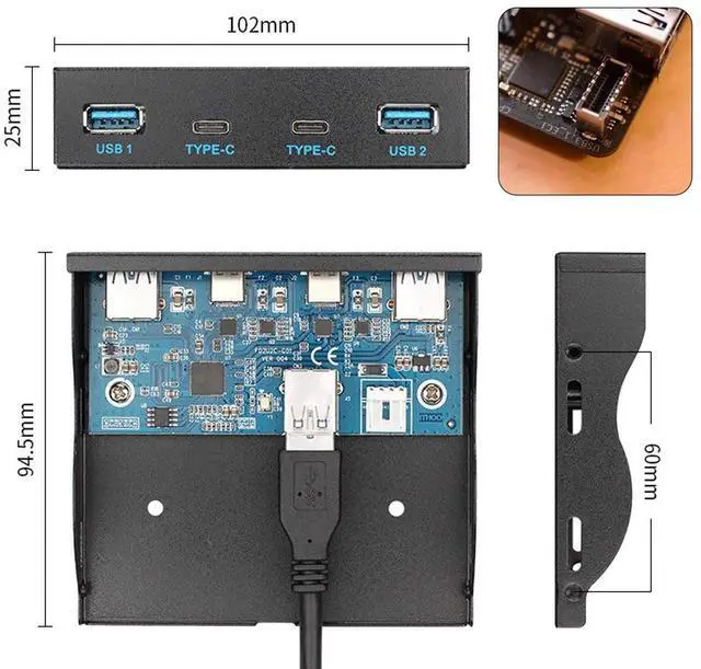 Alt view image 6 of 7 - BUCIER USB 3.1 Front Panel Header 19Pin to USB-C & USB 3.0 HUB 4 Ports Front Panel Motherboard Cable Compatible for 3.5" Floppy Bay