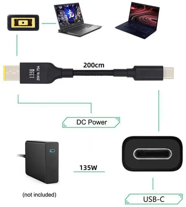 Alt view image 3 of 7 - BUCIER 135W Type-C USB-C Cable to DC Rectangle 11.0 * 4.5mm Power PD Charge Cable for Thinkpad X1 Legion Y7000P Laptop DC20V 6.25A