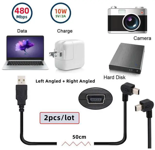 Alt view image 7 of 7 - BUCIER Mini USB B Type Left & Right Angled 90 Degree to USB 2.0 Male Data Power Cable 2pcs/lot 50cm