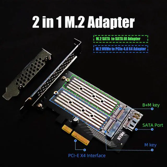 Alt view image 2 of 7 - BUCIER PA12-HS Dual M.2 SSD PCIe X4 Adapter with Heatsink for One M.2 NVMe SSD and One M.2 SATA SSD, Support PCIe 4.0 SSD and OS Boot from M.2 NVMe SSD