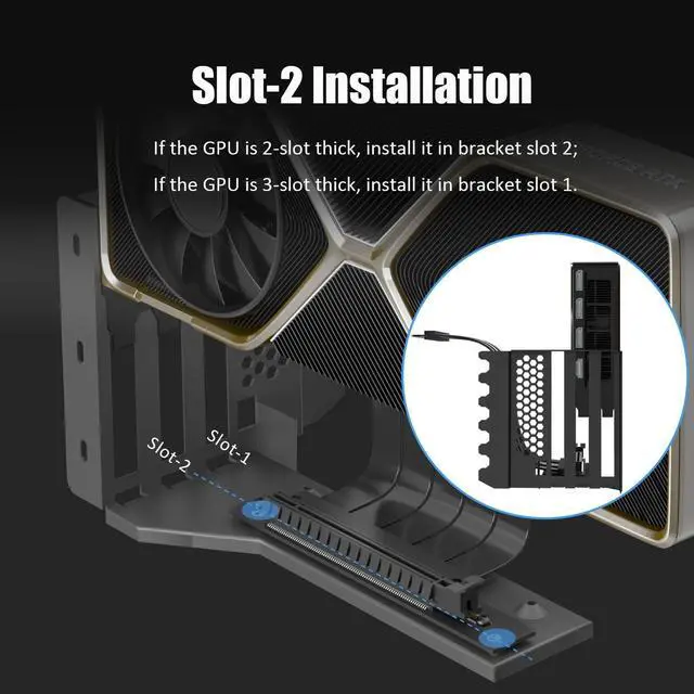 Alt view image 5 of 7 - BUCIER 2-Slot GPU Support Bracket with 180mm PCIe 4.0 Riser Cable for GPU Vertical Mount, Compatible with RTX 40/30 Series and Radeon RX7000/RX6000 Series, PC Cases with Open PCI 7/8-slot Design