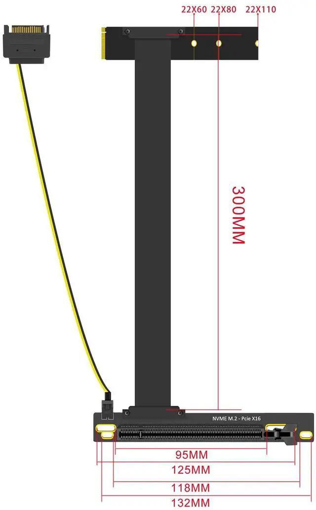 Alt view image 4 of 5 - BUCIER 300mm M.2 Key M to PCIe 4.0 X16 Riser Cable with SATA Power Cable, Not Support M.2 SATA Slot