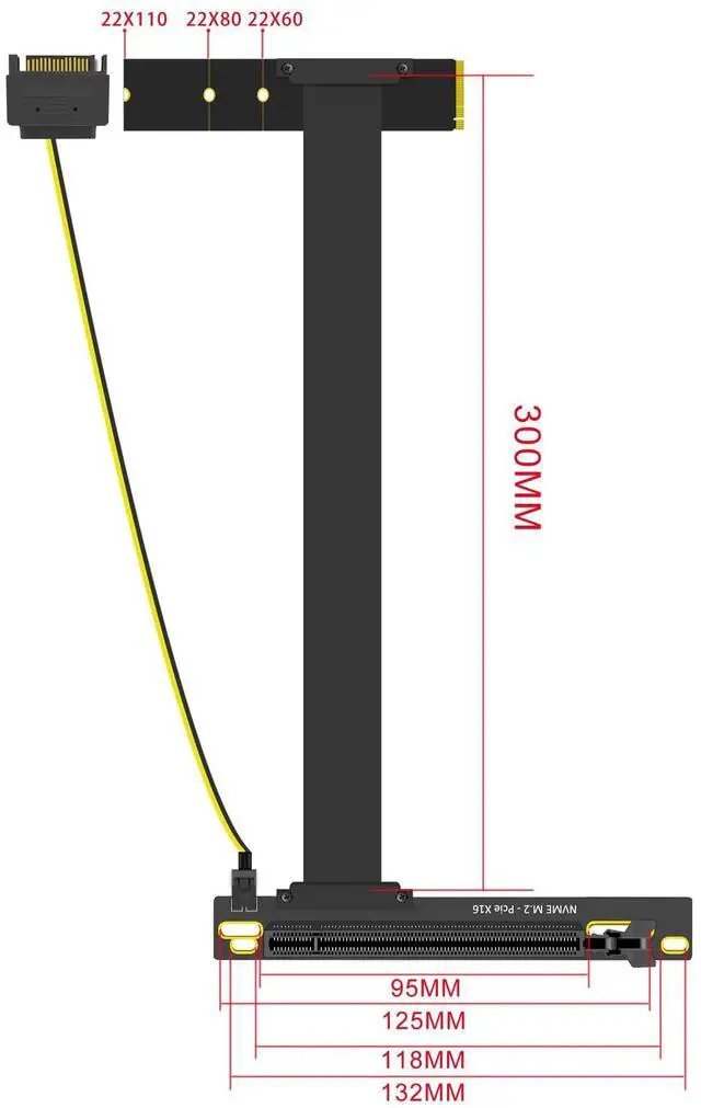 Alt view image 4 of 5 - BUCIER 300mm M.2 Key M to PCIe 4.0 X16 Riser Cable with SATA Power Cable, Not Support M.2 SATA Slot
