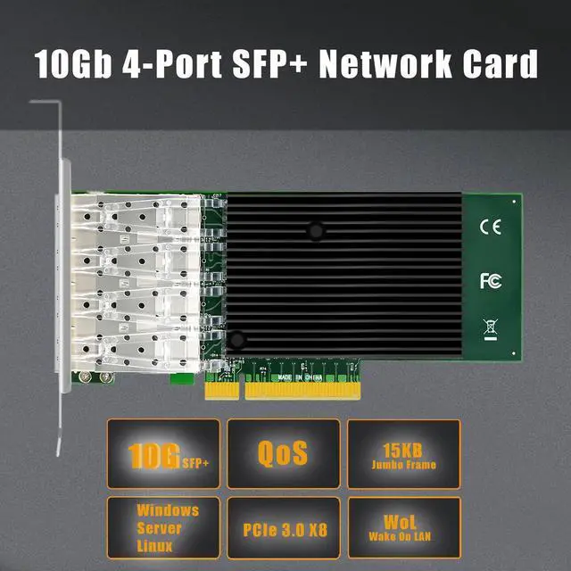 Alt view image 2 of 7 - BUCIER ST7219 4-Port 10G SFP+ Ethernet Network Card with Intel X710-BM1 Controller, PCIE 3.0 X8 Interface, Support Windows 11/10/Windows Server/Linux/ESX/VMware ESXi(Not Support Mac OS)
