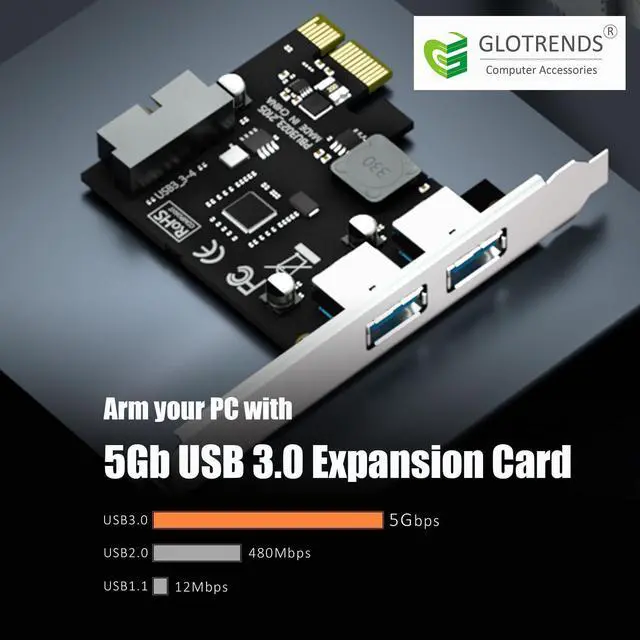 Alt view image 2 of 7 - BUCIER U3055N 2-Port USB 3.0 Type-A and USB Header 5Gbps PCIe Expansion Card for Intel, AMD, and ARM Platform, Compatible with Windows and Linux (Not Support Mac OS)