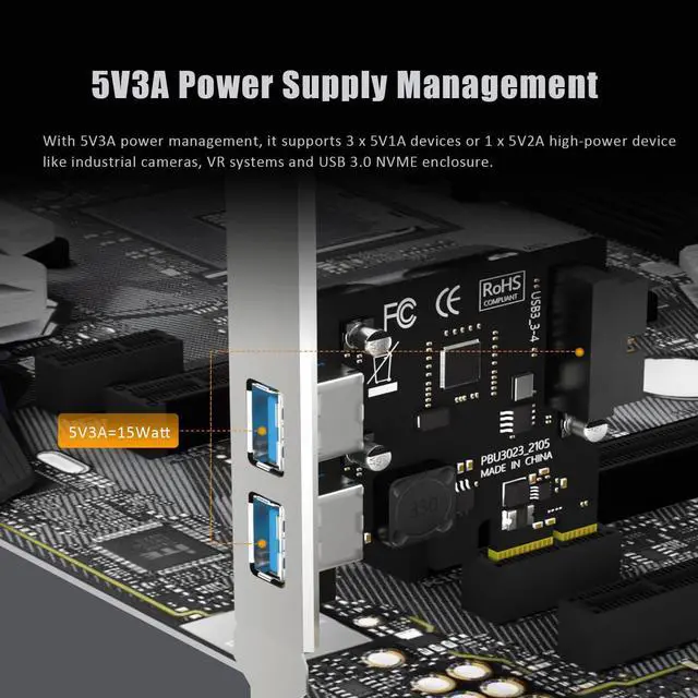 Alt view image 6 of 7 - BUCIER U3055N 2-Port USB 3.0 Type-A and USB Header 5Gbps PCIe Expansion Card for Intel, AMD, and ARM Platform, Compatible with Windows and Linux (Not Support Mac OS)