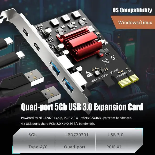 Alt view image 3 of 7 - BUCIER U3044AC 4-Port (2 x Type-C+ 2 x Type-A) USB 3.0 5Gbps PCIe Expansion Card for Intel, AMD, and ARM Platform, Compatible with Windows and Linux (Not Support Mac OS)