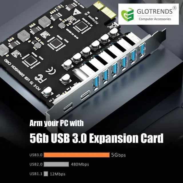 Alt view image 2 of 7 - BUCIER U6A2C 8-Port (2 x Type-C+ 6 x Type-A) USB 3.0 5Gbps PCIe Expansion Card for Intel, AMD, and ARM Platform, Compatible with Windows and Linux (Not Support Mac OS)