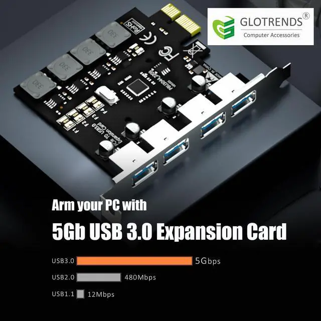 Alt view image 2 of 7 - BUCIER U3044 4-Port USB 3.0 Type-A 5Gb PCIe Expansion Card for Intel, AMD, and ARM Platform, Compatible with Windows and Linux (Not Support Mac OS)