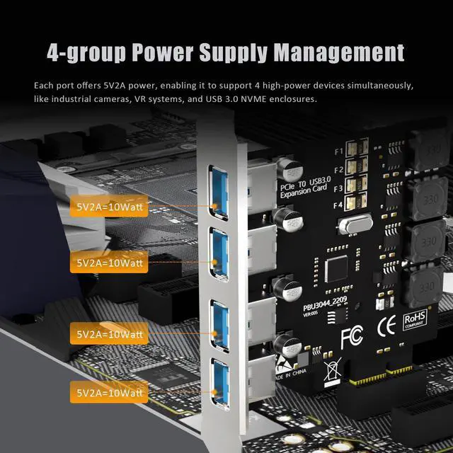 Alt view image 6 of 7 - BUCIER U3044 4-Port USB 3.0 Type-A 5Gb PCIe Expansion Card for Intel, AMD, and ARM Platform, Compatible with Windows and Linux (Not Support Mac OS)