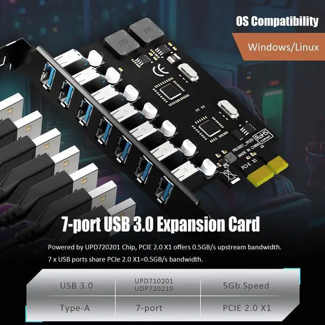Alt view image 3 of 7 - BUCIER U3057 7-Port USB 3.0 Type-A 5Gb PCIe Expansion Card for Intel, AMD, and ARM Platform, Compatible with Windows and Linux (Not Support Mac OS)