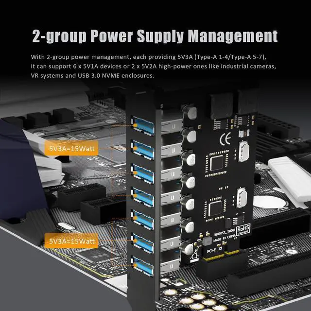Alt view image 6 of 7 - BUCIER U3057 7-Port USB 3.0 Type-A 5Gb PCIe Expansion Card for Intel, AMD, and ARM Platform, Compatible with Windows and Linux (Not Support Mac OS)