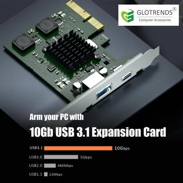 Alt view image 2 of 7 - BUCIER U3142AC 2-Port 10Gb USB 3.1 Gen2 (Type-C and Type-A) to PCIE X4 Expansion Card with ASM 3142 Chip, Regular and Low-profible Bracket