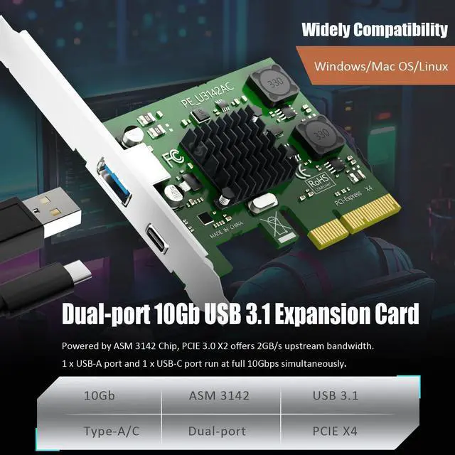 Alt view image 3 of 7 - BUCIER U3142AC 2-Port 10Gb USB 3.1 Gen2 (Type-C and Type-A) to PCIE X4 Expansion Card with ASM 3142 Chip, Regular and Low-profible Bracket