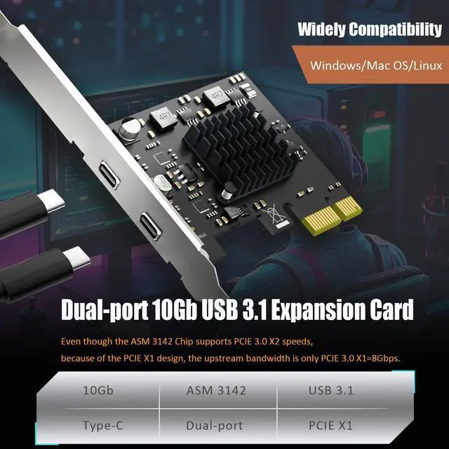 Alt view image 3 of 7 - BUCIER U3142CX1 2-Port 10Gb USB 3.1 Gen2 Type-C to PCIE X1 Expansion Card with ASM 3142 Chip, Regular and Low-profible Bracket