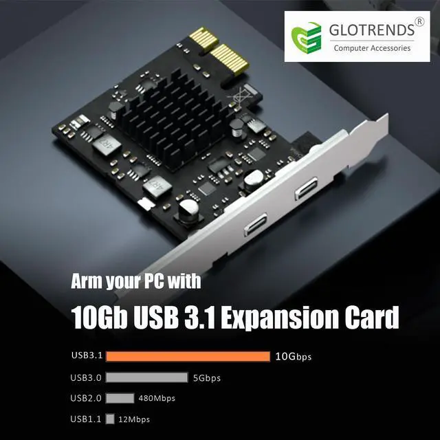 Alt view image 2 of 7 - BUCIER U3142CX1 2-Port 10Gb USB 3.1 Gen2 Type-C to PCIE X1 Expansion Card with ASM 3142 Chip, Regular and Low-profible Bracket