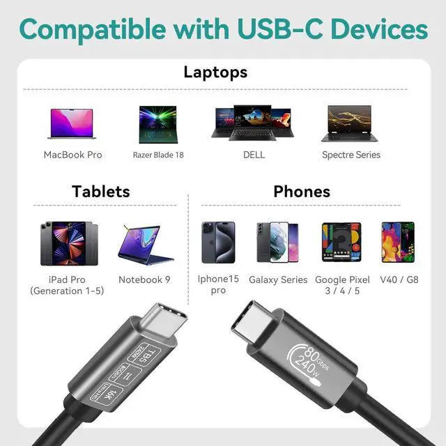 Alt view image 4 of 6 - BUCIER USB4 for Thunderbolt 5 Cable 3.3ft (1m) 80Gbps, 240W PD Fast Charging, 16K/8K Video, Compatible with MacBook Pro/Air, iPad Pro, Dell XPS, Surface Laptop, Galaxy Book