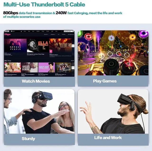 Alt view image 5 of 6 - BUCIER USB4 for Thunderbolt 5 Cable 3.3ft (1m) 80Gbps, 240W PD Fast Charging, 16K/8K Video, Compatible with MacBook Pro/Air, iPad Pro, Dell XPS, Surface Laptop, Galaxy Book