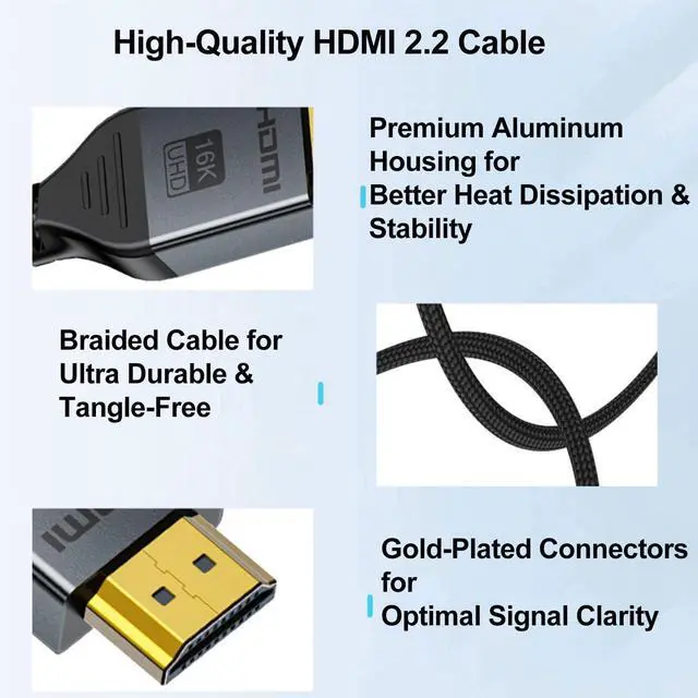 Alt view image 6 of 7 - BUCIER 16K HDMI 2.2 Cable 6.6FT, 96Gbps Ultra High Speed 16K@60Hz 8K@120Hz 4K@480Hz HDMI Cord, HDCP 2.3 & HDR10 HDMI Cables for PS5/Xbox Series X|S/Roku TV/Gaming PC/Monitor/Blu-ray/Projector