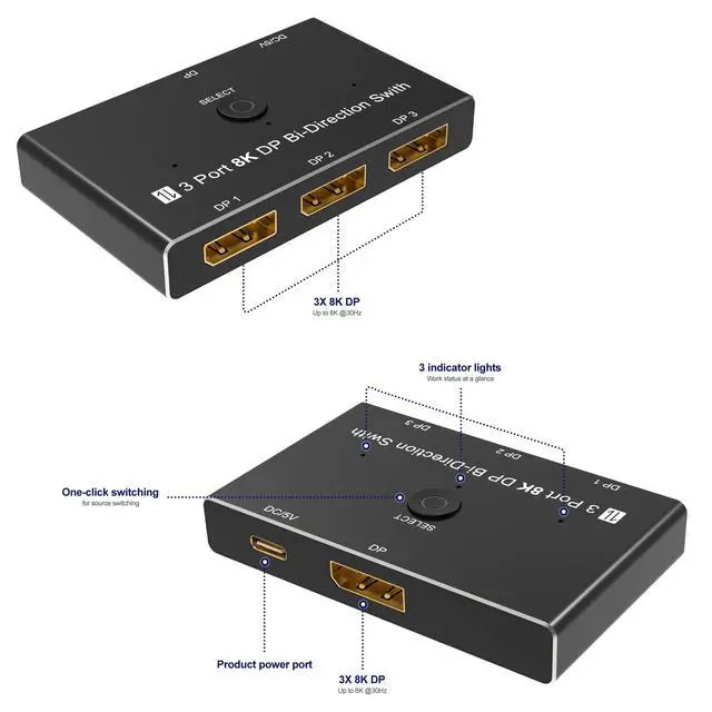 Alt view image 3 of 7 - BUCIER DisplayPort 8K DP 1.4 Switch 3In 1Out 1In 3Out Bi-Direction 8K@30Hz 4K@144Hz Splitter Converter for Multiple Source and displays