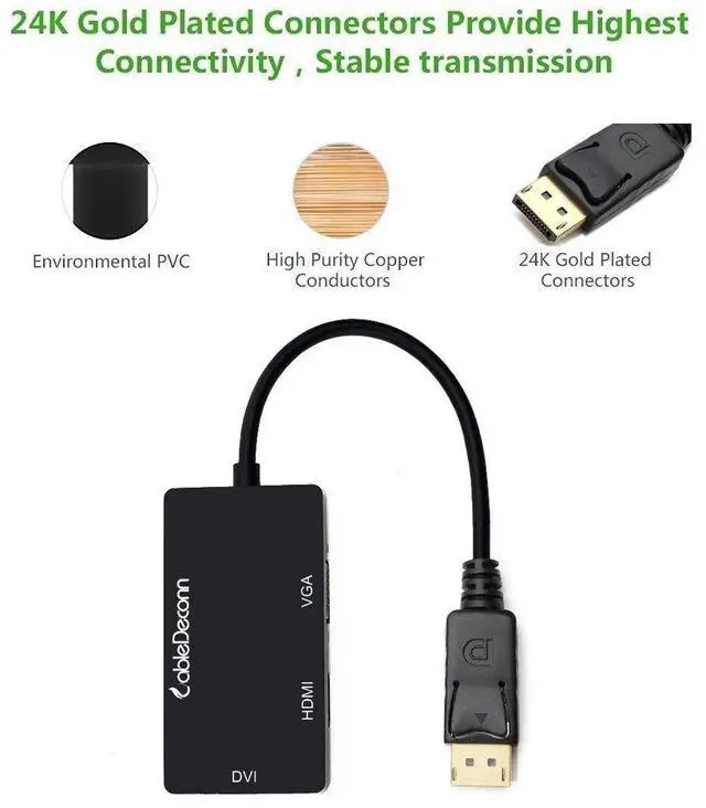 Alt view image 3 of 7 - BUCIER Multi-Function Displayport Dp to HDMI/DVI/VGA Male to Female 3-in-1 Adapter Converter Cable