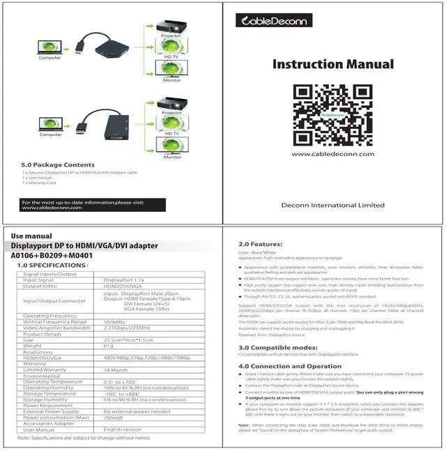 Alt view image 7 of 7 - BUCIER Multi-Function Displayport Dp to HDMI/DVI/VGA Male to Female 3-in-1 Adapter Converter Cable