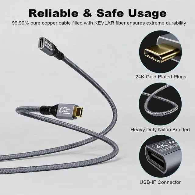 Alt view image 6 of 7 - BUCIER Long USB C Cable 3.2 Gen-2 240W Charging Extension 3m 10ft Thunderbolt 3 Male to Female Data Transfer 20Gbps 48V/5A Type-C Video 4K Compatible with MacBook M1/M2/M3