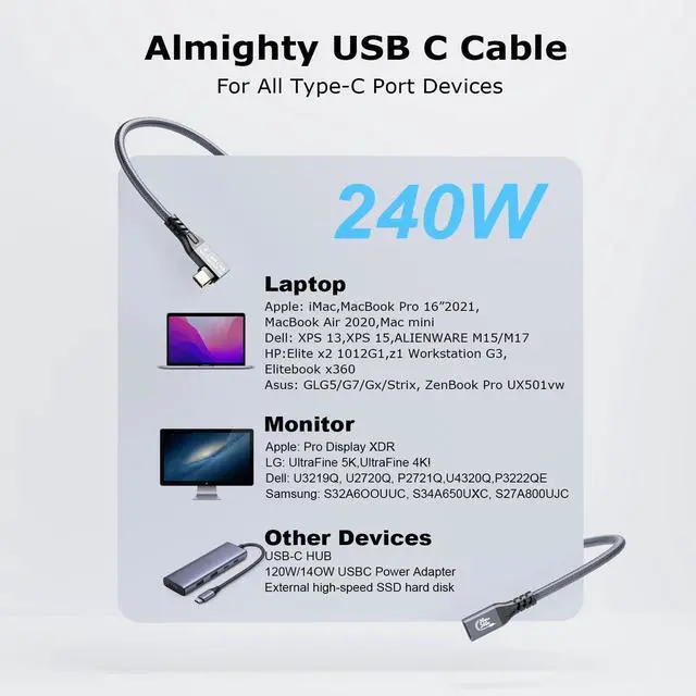 Alt view image 7 of 7 - 20Gbps USB C 3.2 Extension Cable, 90 Degree USBC 3.2 Gen2 Type-c Male to Female Extender Cable 4K@60Hz 240W Charging 20Gbps Data Transfer with External SSD eGPU (90 Degree Extension 20G 240W-0.5M)