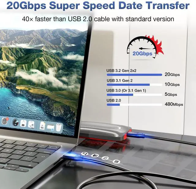 Alt view image 3 of 7 - BUCIER 240W/20Gbps 6.6FT Type C to C Cable, USB C 3.2 Gen2 48V/5A PD3.1, 4K@60Hz Video, Supports Thunderbolt 3 for MacBook Pro