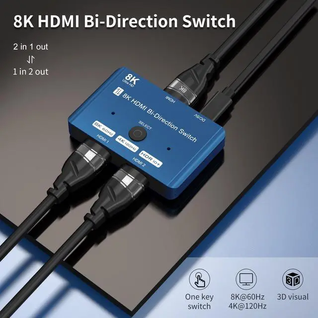 Alt view image 2 of 7 - BUCIER HDMI 2.1 Switch 8K Bi-Directional Splitter 8K@60Hz 4K@120Hz 1440p@165Hz 1080P@240Hz 1in 2out 2in 1out High Speed 48Gbps eARC Converter Compatible with Xbox X PS5 Blue