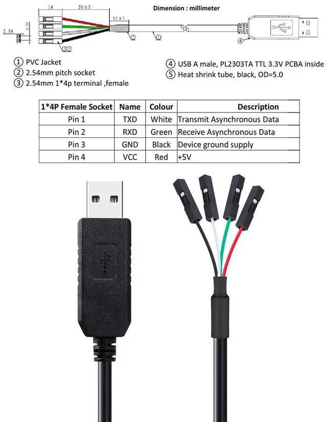 Alt view image 3 of 7 - USB to TTL Serial 3.3V Adapter Cable TX RX Signal 4 Pin 0.1 inch Pitch Female Socket PL2303 Prolific Chip Windows 10 8 7 XP Vista (6ft, Black)