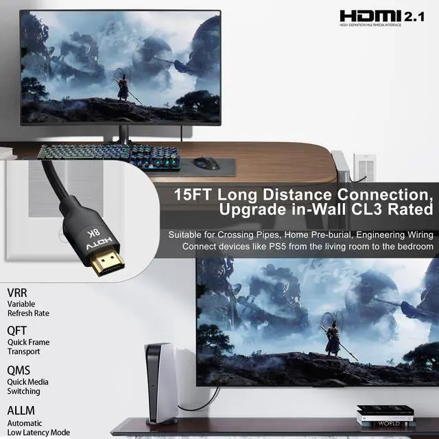 Alt view image 2 of 7 - 8K HDMI 2.1 Cable 15 FT, In-Wall CL3 Rated HDMI 2.1 Cord, Support 8K@60Hz, 4K@120Hz, HDR10+, eARC, SBTM, VRR, QFT, ALLM, 3D, HDCP 2.3 for TV, Monitor, Computer, Laptop, PS5, Xbox, Projector, Soundbar