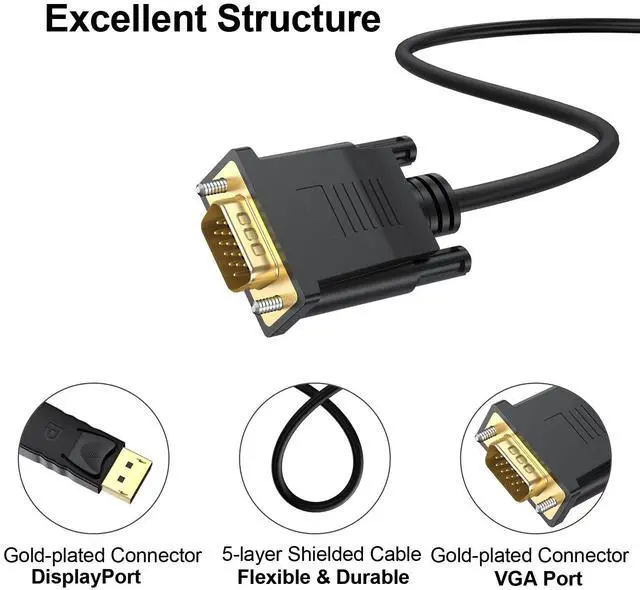 Alt view image 7 of 7 - DisplayPort to VGA Cable 6 Ft, 2-Pack Display Port DP to VGA Adapter Cord Male to Male HD Video 1080P for Computer, Monitor, TV, Projector