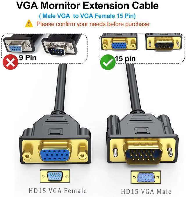 Alt view image 2 of 7 - BUCIER VGA Extension Cable, VGA Cable Male to Female 6 Feet 15 Pin (Not 9 Pin), SVGA Male to Female HD15 Monitor Video Adapter Cable Support 1080P Full HD for Laptop, PC, Projector, HDTV, Display