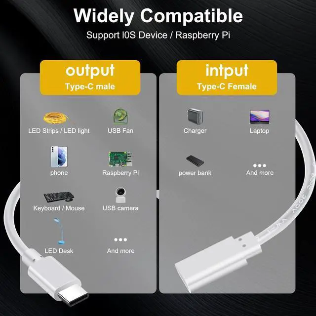 Alt view image 6 of 7 - BUCIER USB Type C Switch Extension Cable 2 Pack Female to Male Power Cable with On Off Switch USB-C Extender Cord for LED Desk Lamp, USB Fan, LED Strips, White