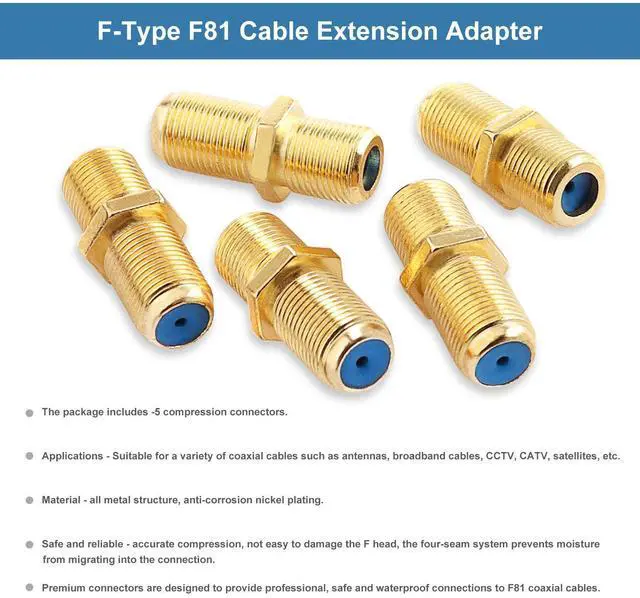 Alt view image 5 of 7 - BUCIER F81 Splice Barrel Connector 3GHz Female to Female F-Type Coaxial Cable Extension Adapter Couplers (Packof 5, Gold)