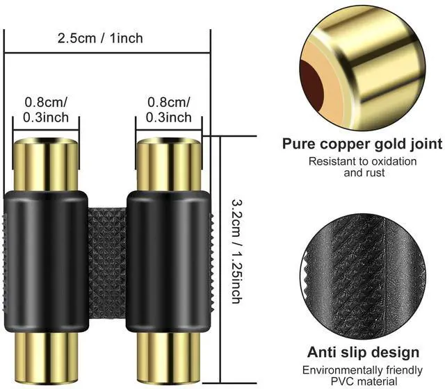 Alt view image 5 of 7 - BUCIER 2 RCA Female Jack to Female Jack Adapter Coupler Gold Plated RCA Connector Extender Dual RCA A/V Cable Jointer Converter for Speaker, Amplifier, RCA Cable, Gold