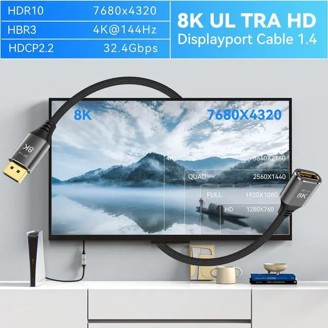 Alt view image 2 of 7 - BUCIER 8K DisplayPort Extension Cable 6Feet, DisplayPort 1.4 Male to Female Extension Cable, Braided DP to DP Extended Cord, Supports 8K@60Hz,4K@120Hz (Grey, 6 Ft)