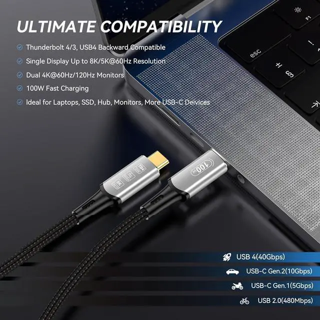 Alt view image 7 of 7 - BUCIER USB 4 Cable 5FT 40Gbps Type C Cable 100W Charging 8K HD Display USB-C Cable Compatible for iPhone 15Pro/15ProMax, iPad Pro, Type-C Docking Station, Hub