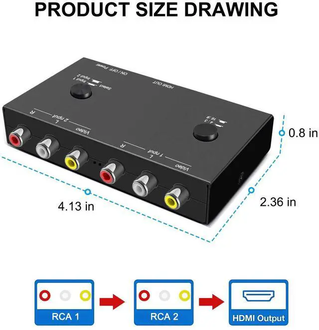 Alt view image 3 of 7 - BUCIER 2 AV to HDMI, 1080P/720P TV 2 Way RCA Composite CVBS AV Switch to HDMI Video Audio Converter Adapter Support 4:3/16:9 Switching, for Sega Xbox PS2 PS3 N64 NGC SNES WII VHS VCR Camera DVD