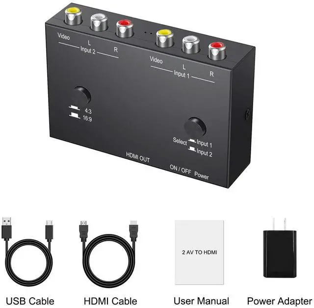 Alt view image 7 of 7 - BUCIER 2 AV to HDMI, 1080P/720P TV 2 Way RCA Composite CVBS AV Switch to HDMI Video Audio Converter Adapter Support 4:3/16:9 Switching, for Sega Xbox PS2 PS3 N64 NGC SNES WII VHS VCR Camera DVD