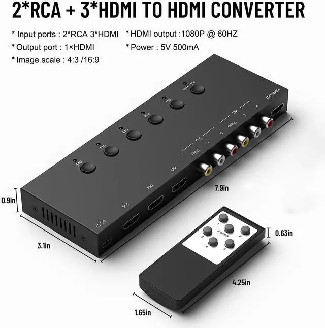 Alt view image 5 of 7 - BUCIER 2 AV Inputs + 3 HDMI 2.0 Inputs to HDMI Converter (5 in 1) with Upgrade New Version