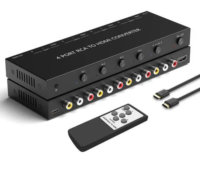 Main image of BUCIER 4 AV to HDMI, 1080P/720P 4 Way RCA Composite CVBS AV Switch to HDMI Converter Adapter Support 4:3/16:9 Switching, for Sega Xbox PS1 PS2 PS3 N64 NGC SNES WII VHS VCR Camera DVD with Remote