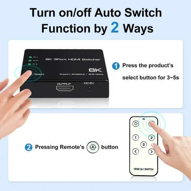 Alt view image 5 of 6 - BUCIER 8K@60Hz HDMI 2.1 Switch 3 in 1 Out, 4K@120Hz HDMI Switcher 3 Port, 8K HDMI Auto Switch 3X1 Selector with IR Remote for Xbox,PS5,PS4,UHD TV, Support 48Gbps, HDCP 2.3,HDR 10+, 1080P@240Hz
