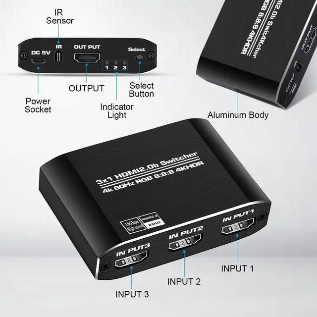 Alt view image 7 of 7 - BUCIER HDMI 2.0b Switch 3 in 1 Out with High Speed 3.9 FT HDMI Cable, 3x1 HDMI Selector Switch with Remote,Support UHD 4K@60Hz Ultra HD 3D 1080P, HDCP 2.2 HDR,18.5Gbps HDMI Switcher