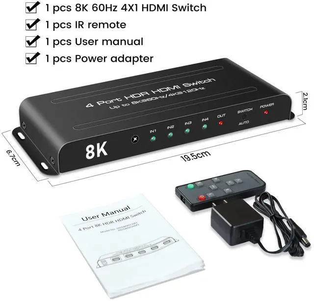Alt view image 7 of 7 - BUCIER HDMI 2.1 Switch 8K 60Hz, HDMI Switch 4K 120Hz HDMI Switcher 4 in 1 Out,4X1 HDMI Auto Switch Selector with Remote for Fire Stick, PS5,Roku,Xbox,Support 1080P@240Hz,3D,48Gbps