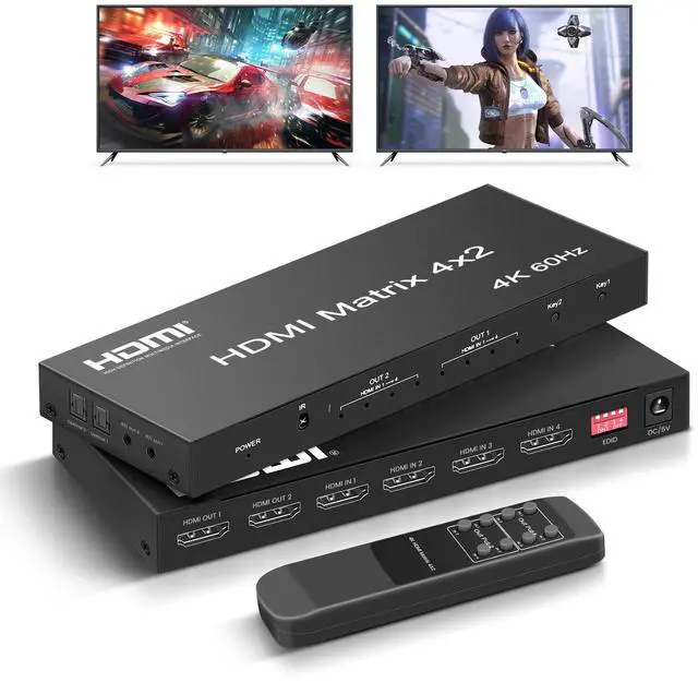 Main image of BUCIER 4x2 HDMI Matrix, 4K@60Hz 4 in 2 Out HDMI Switch Splitter with IR Remote, HDMI Matrix Switch + Optical + 3.5mm Audio Output, Support HDMI2.0, HDCP2.2, Auto Downscaler, 3D, Audio Extractor